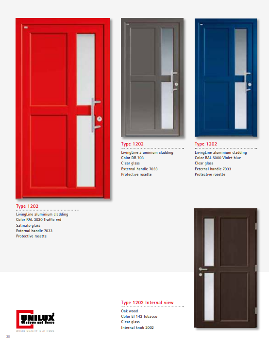 Type 1202 LivingLine – Traffic Red Satinato Glass LivingLine Door, Violet Blue & Clear Glass, Solid Pine Interior, Flush Handle, RAL-Selected Colors, Superior Burglar Resistant